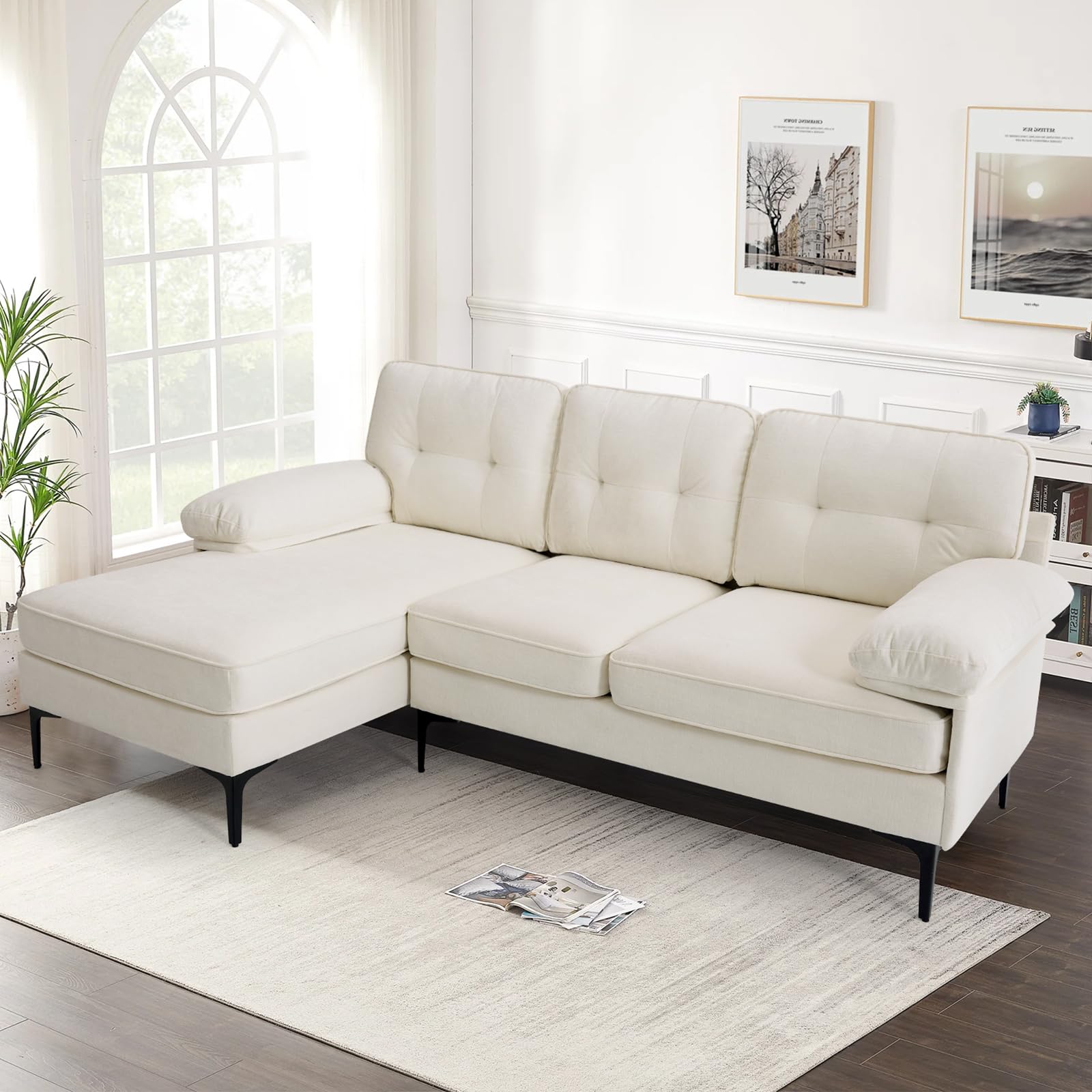 COHOME 83in L-Shaped Couch, Chenille Upholsted Sofa with Reversible Chaise,3-Seat Couch for Living Room, Convertible Sectional Couch with Removable Covers,White