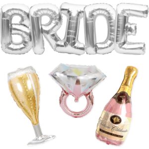 40 inch bride balloons silver letters banner - bachelorette party decorations kit - bach party supplies and favors with ring balloon, bottle balloon and glass balloon