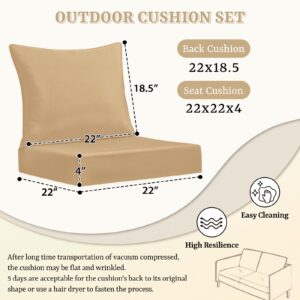 HOMELYSIAN Deep Seat Cushions for Outdoor Furniture, Waterproof Outdoor Chair Cushions, Memory Foam Patio Chair Cushions, 22 x 22 Outdoor Cushions with Hidden Zippers, Khaki