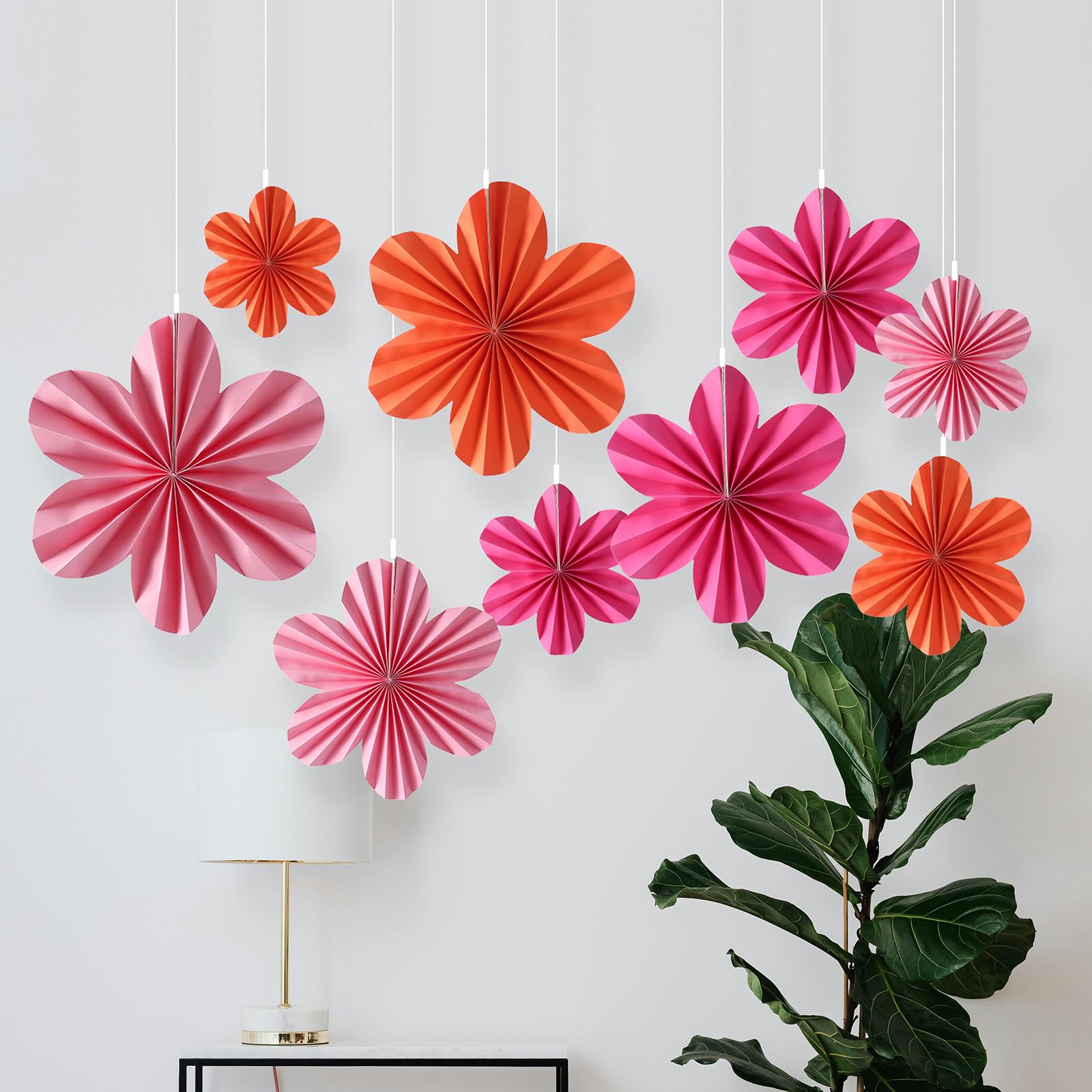 Paper Flowers Decorations Heart Wall Paper Fans for Celebration/Wedding/Birthday/Carnival/Welcome Party Decorations,Rainbow,Set of 9 (Rose/Pink/Orange)