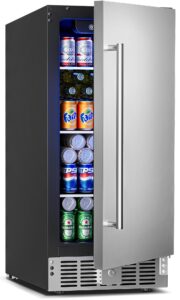 feelfunn 15 inch undercounter beverage refrigerator - 126 cans beverage fridge with stainless steel door for beer wine soda - built-in or freestanding wine cooler for home kitchen bar outdoor