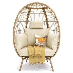 YITAHOME Outdoor Egg Chair, 370lbs Capacity Wicker Patio Basket Chair, All-Weather Oversized Stationary Egg Lounger Chair for Indoor Living Room Outside Balcony Backyard (Beige)