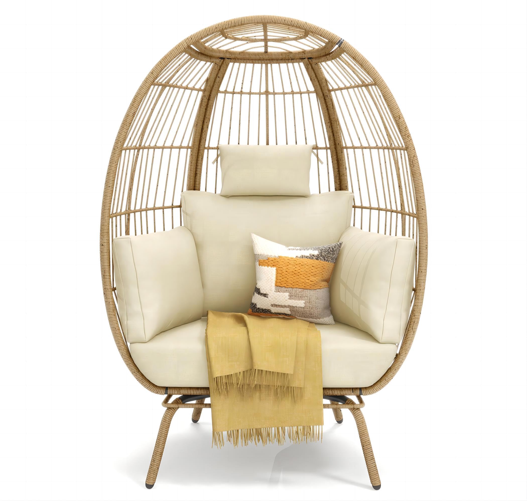 YITAHOME Outdoor Egg Chair, 370lbs Capacity Wicker Patio Basket Chair, All-Weather Oversized Stationary Egg Lounger Chair for Indoor Living Room Outside Balcony Backyard (Beige)