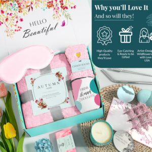 Comforting Get Well Soon Gift Baskets for Women -10pc Get Well Gifts for Women After Surgery, Thoughtfully Curated Thinking of You Self Care Package with Blanket, Tumbler, Eye Mask, Soap, Socks & More