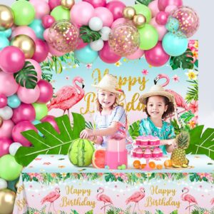 Hawaiian Luau Party Decorations,106PCS Hawaiian Themed Party Decorations Backdrop Balloon Flamingo tablecloth,Hibiscus Palm Leaves for Flamingo Birthday Party Decorations,Tropical Balloon Arch Kit