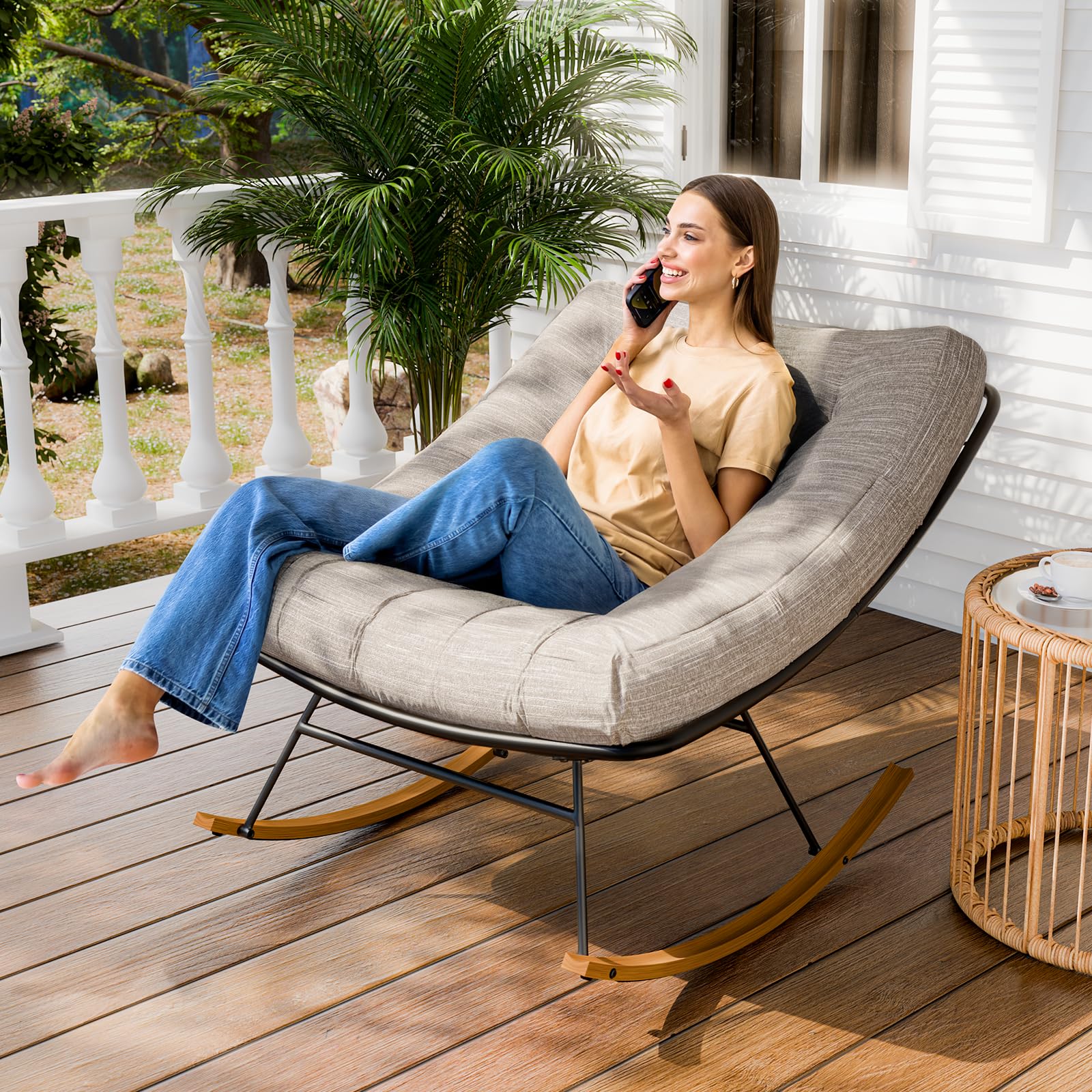 Bme Patio Rocking Chair Outdoor and Indoor, Modern Metal Lounge Rocker with Thick 7'' Cushion, 400lbs Capacity, Ergonomic Design, Easy Assembly, Beige Cushion - Wood Texture Rocker