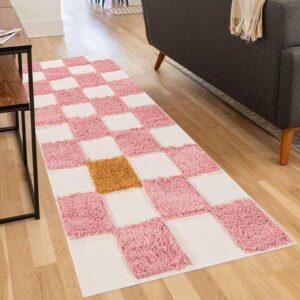 LINROMIA Hallway Runner Rug, 2'x4.3' Checkered Tufted Area Rug Washable Living Room Rug Cotton Woven Checkerboard Accent Rug Farmhouse Bath Mat Decor for Bedroom Bathroom,Pink and Yellow