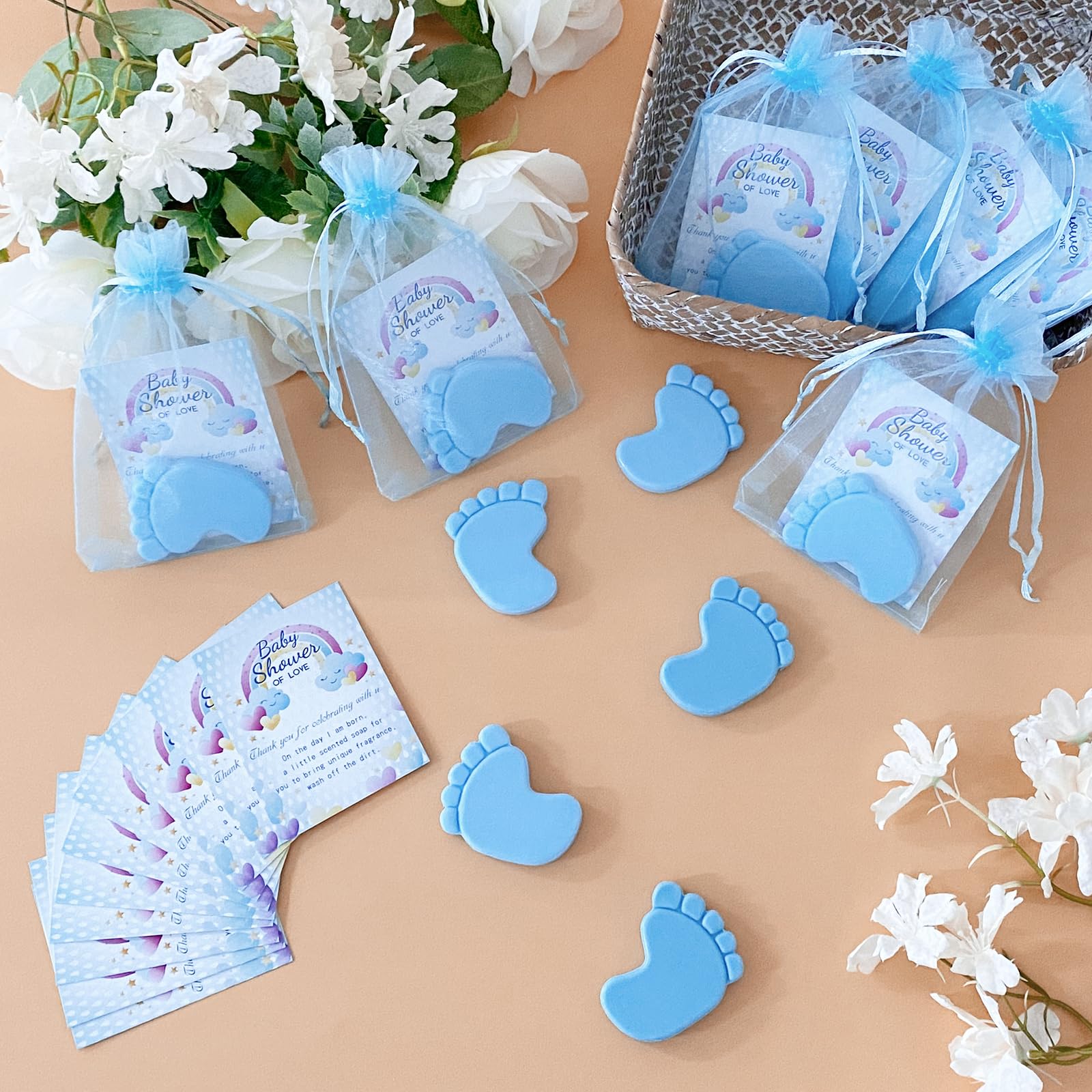 SytuHete 50 Sets Baby Shower Favors Refreshing Foot Soap Perfect Baby Shower Favors for Guests, Gifts, and Prizes with Organza Bags Thanks Cards (Blue)