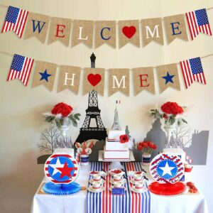 Stcomart Pre-Strung Welcome Home Banner, Burlap Patriotic Welcome Home Decorations for Army Navy Marines Air Force Homecoming Decoration