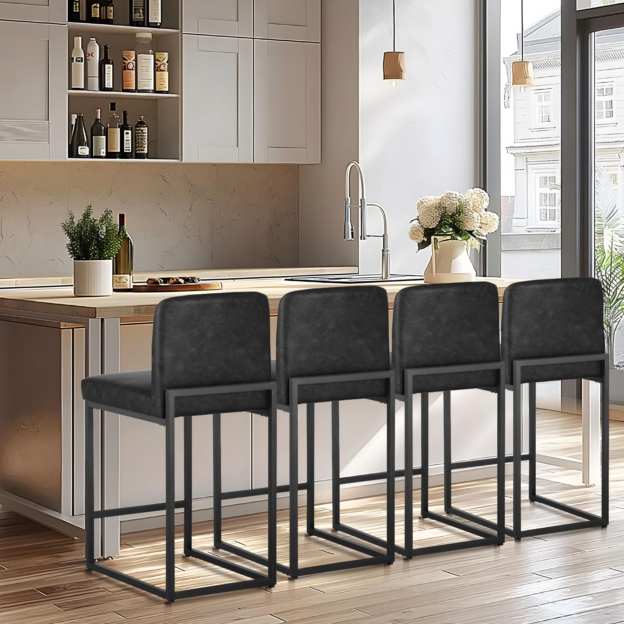 ALPHA HOME Counter Height Bar Stools, 24” Kitchen Counter Stools Set of 1, Pu Leather Kitchen Modern Bar Chairs with Back&Footrest, Sturdy Chromed Metal Steel Frame, Black