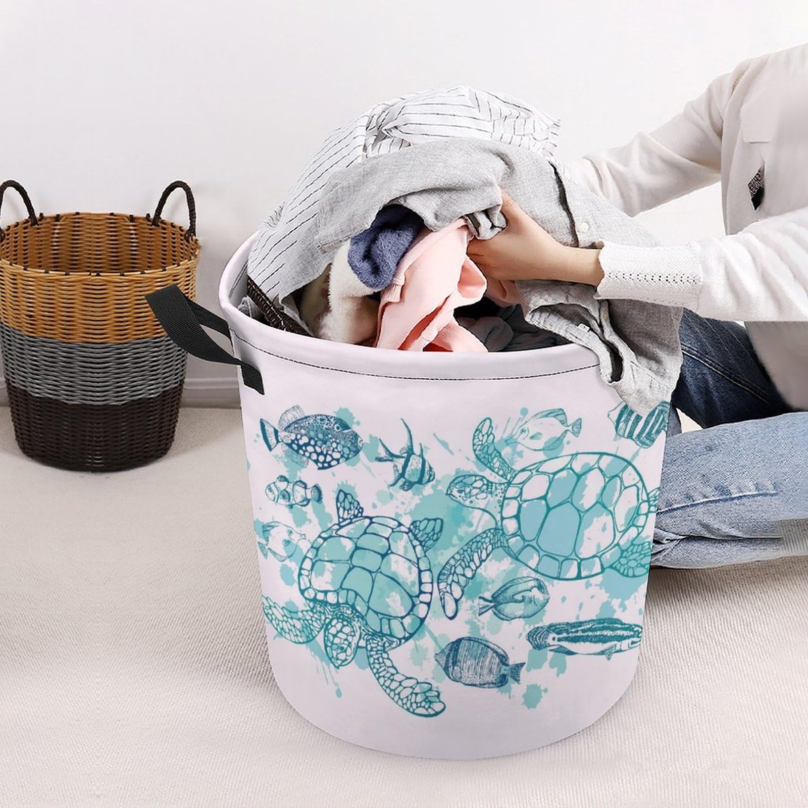 GACTIVITY Tropical Fish and Sea Turtle Laundry Hamper,Laundry Basket,Waterproof Storage Bin for Bedroom,Clothes Organizer Basket,Toys Box,Room Decor