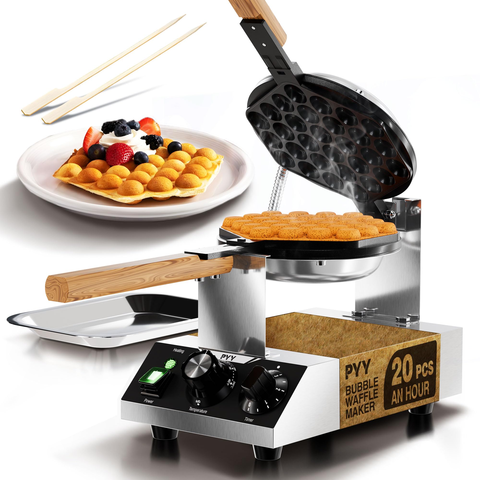 PYY Bubble Waffle Maker - Commercial Egg Puff Waffle Iron Machine, 1500W 122-482℉ Electric Stainless Steel Hong Kong, 30 Egg Cones | 180° Rotating| Black Non-stick Coating | Crumb Tray | Wooden Handle