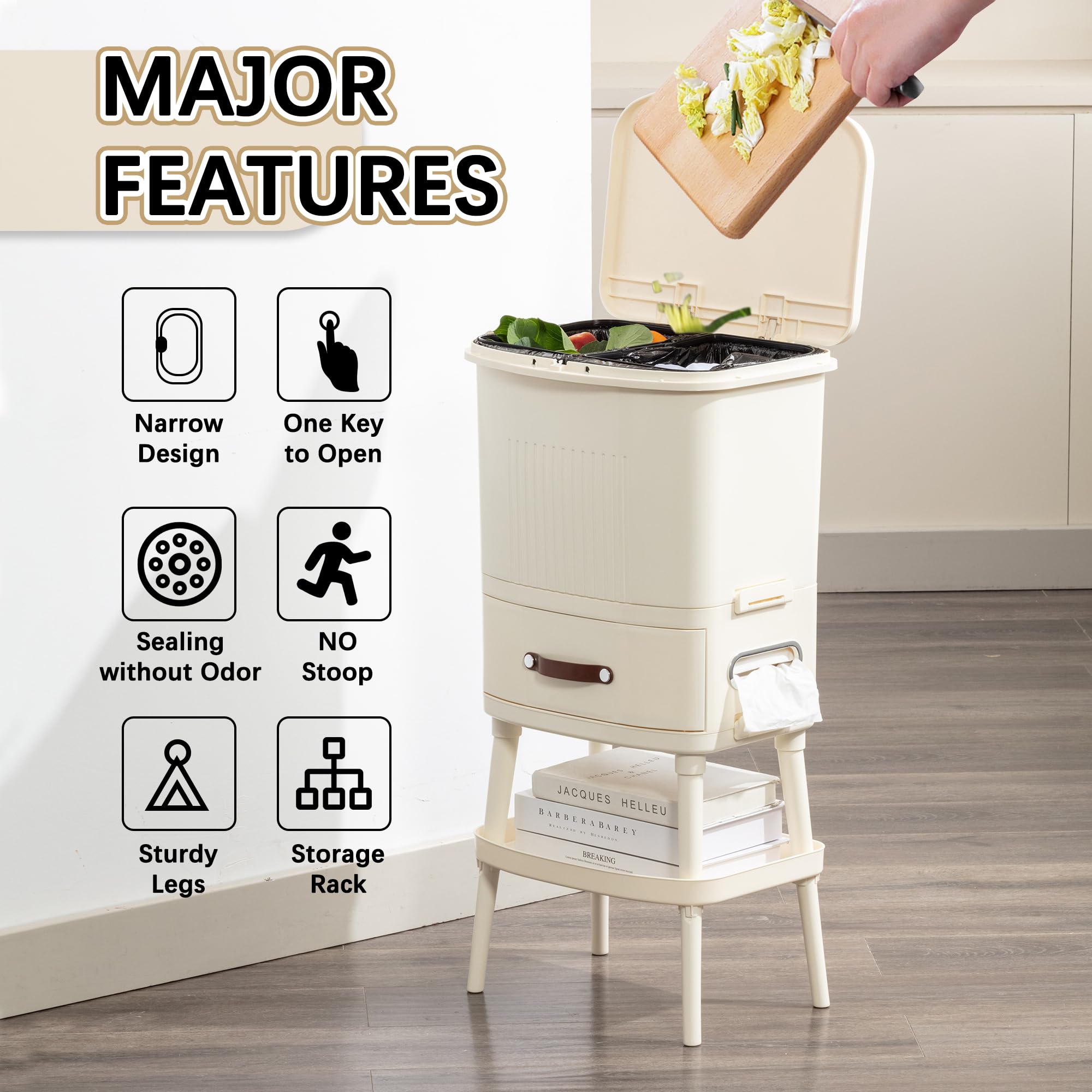 VECELO Kitchen Trash Can with Lid, Garbage Bin with Push Button, Tissue Holders, Drawer, Storage Rack, Dog Proof Narrow Dual Compartment Waste Basket for Bathroom/Bedroom/Living Room/Office, White