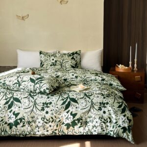 mkxi green floral duvet cover white flowers patterned tropical bedding set queen size print duvet cover set for girls generous plant duvet cover 100% cotton bedding