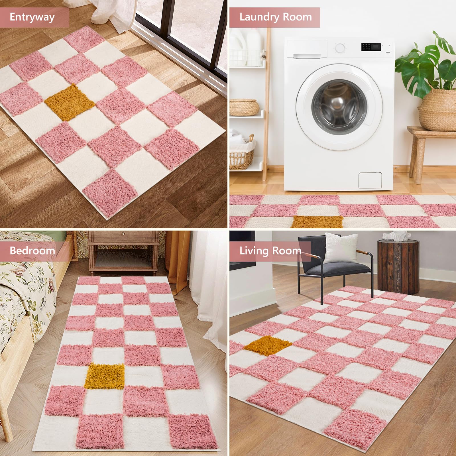 LINROMIA Hallway Runner Rug, 2'x4.3' Checkered Tufted Area Rug Washable Living Room Rug Cotton Woven Checkerboard Accent Rug Farmhouse Bath Mat Decor for Bedroom Bathroom,Pink and Yellow