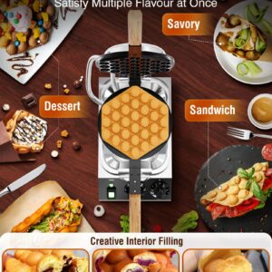 PYY Bubble Waffle Maker - Commercial Egg Puff Waffle Iron Machine, 1500W 122-482℉ Electric Stainless Steel Hong Kong, 30 Egg Cones | 180° Rotating| Black Non-stick Coating | Crumb Tray | Wooden Handle