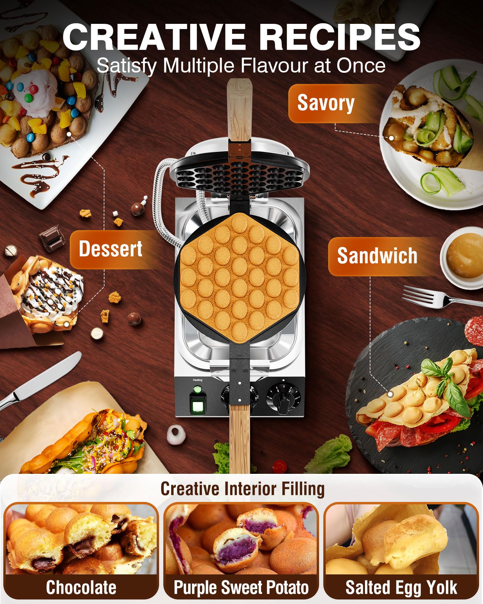 PYY Bubble Waffle Maker - Commercial Egg Puff Waffle Iron Machine, 1500W 122-482℉ Electric Stainless Steel Hong Kong, 30 Egg Cones | 180° Rotating| Black Non-stick Coating | Crumb Tray | Wooden Handle