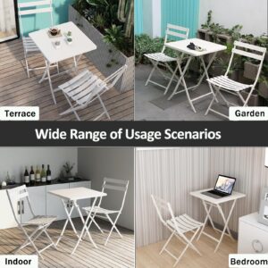 BOSTANA 3-Piece Bistro Set, Steel Folding Bistro Table and Chairs Set of 3 with 2 Chairs and 1 Square Table, Outdoor Indoor Patio Bistro Set for Patio Yard Garden, White