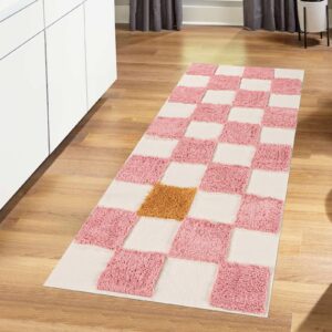 linromia hallway runner rug, 2'x4.3' checkered tufted area rug washable living room rug cotton woven checkerboard accent rug farmhouse bath mat decor for bedroom bathroom,pink and yellow