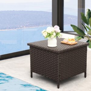 WAROOM Outdoor PE Wicker Side Table with Storage Patio End Table Resin Rattan Storage Table for Garden Backyard Porch Poolside, Brown