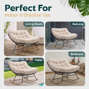 Bme Patio Rocking Chair Outdoor and Indoor, Modern Metal Lounge Rocker with Thick 7'' Cushion, 400lbs Capacity, Ergonomic Design, Easy Assembly, Beige Cushion - Wood Texture Rocker