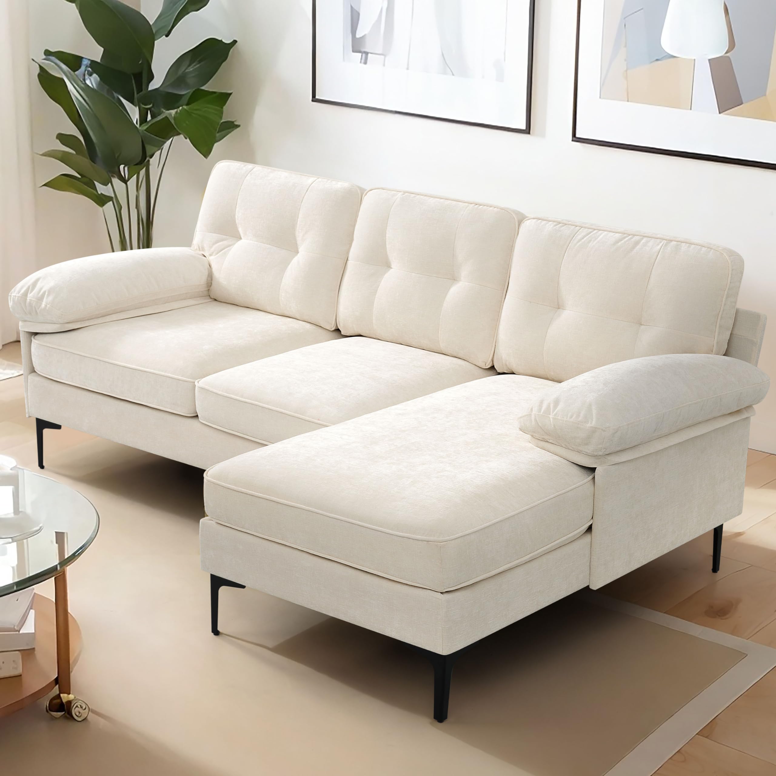 COHOME 83in L-Shaped Couch, Chenille Upholsted Sofa with Reversible Chaise,3-Seat Couch for Living Room, Convertible Sectional Couch with Removable Covers,White