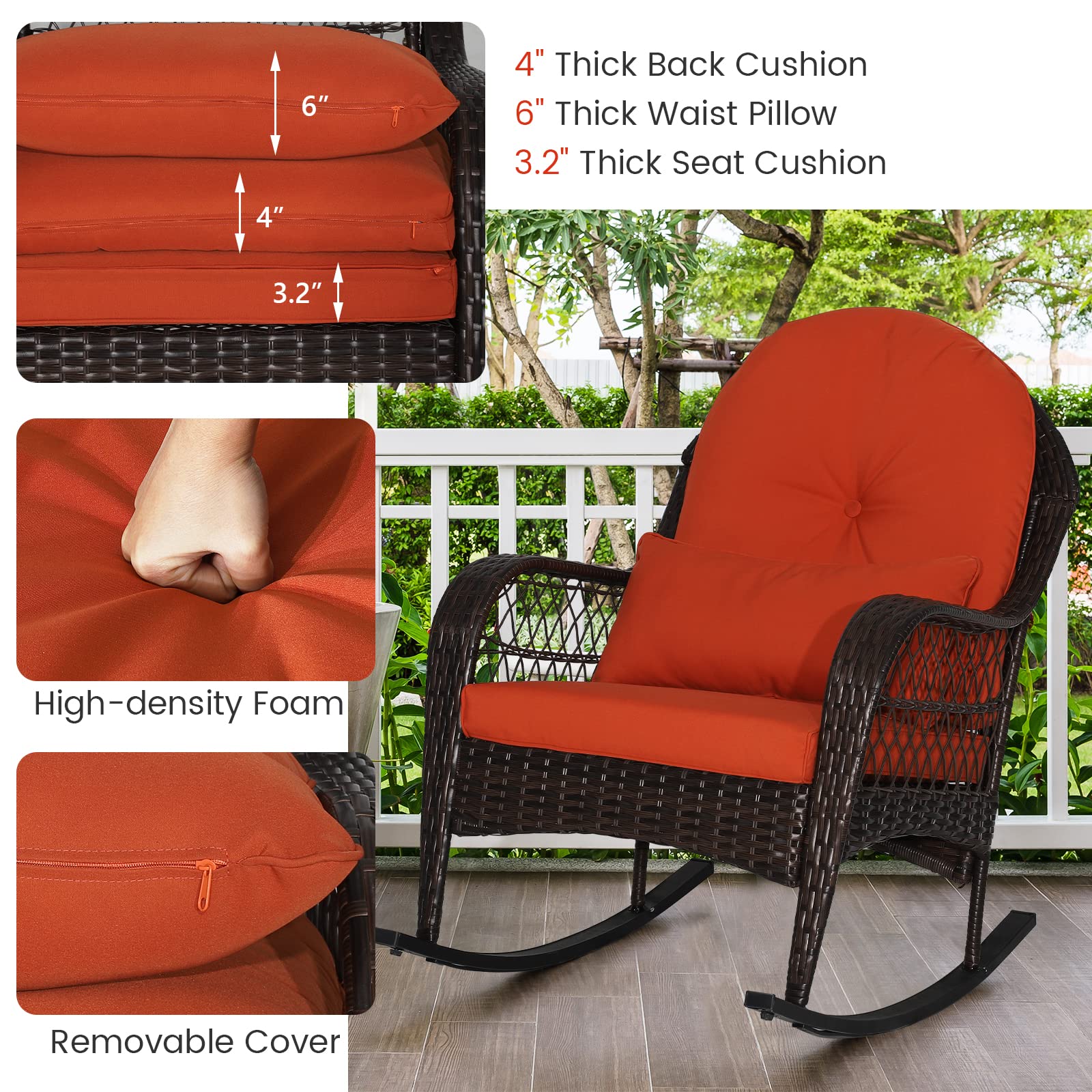 MEDIMALL Outdoor Wicker Rocking Chair, Patio Rattan Rocker w/Lumbar Pillow, Padded Seat & Back Cushions, Metal Frame, Mix Brown Wicker Furniture for Balcony, Porch, Deck, Backyard (Red)