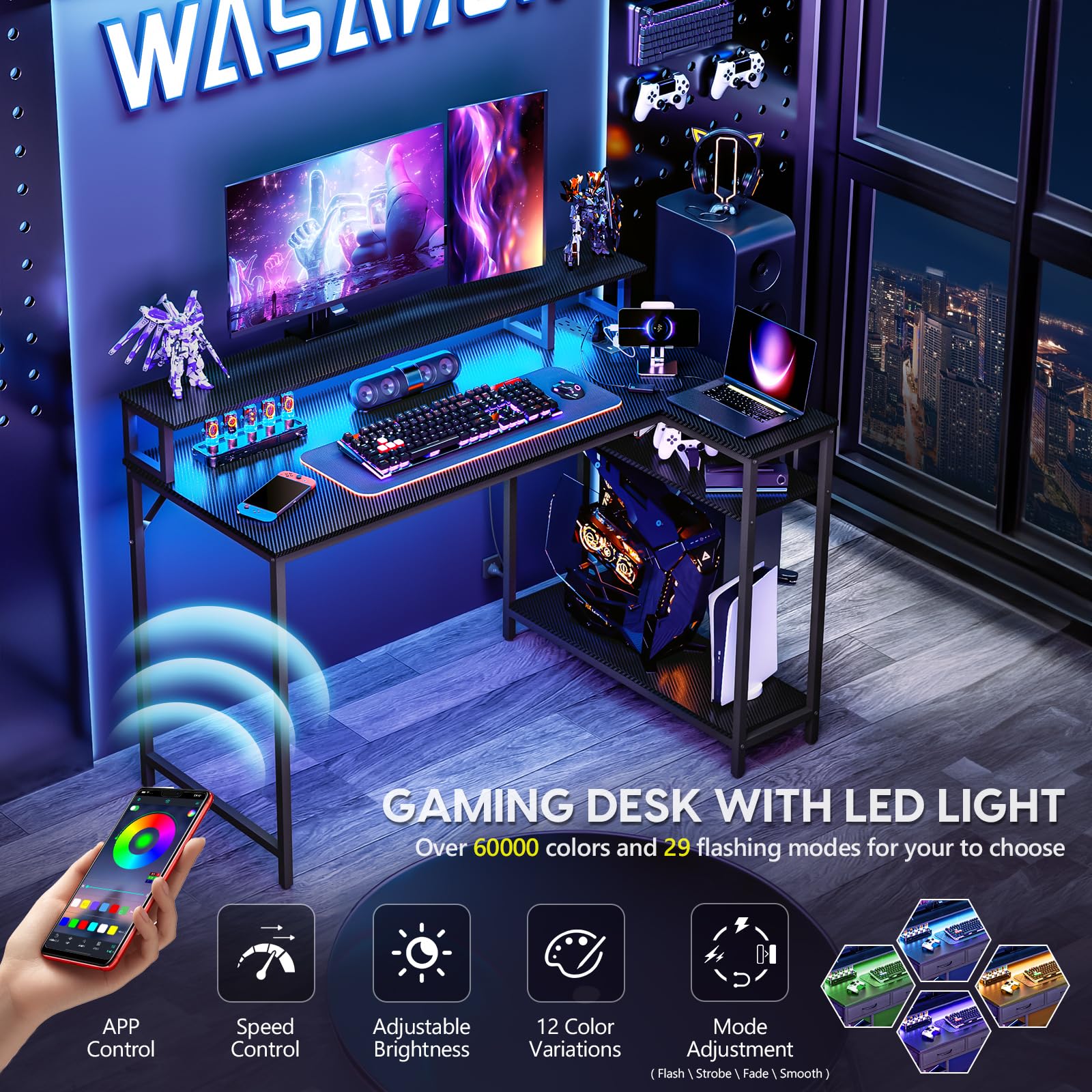 WASAGUN Gaming Desk,40 Inch L Shaped Desk with LED Lights&Power Outlets,Office Desk with Storage Shelves,Small Corner Computer Desk for Bedroom,Carbon Fiber Surface,Black Table