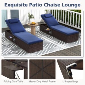 Tangkula Patio Chaise Lounge Set of 2, Outdoor Rattan Lounge Chair with 6-Level Backrest, Comfy Seat Cushion & Headrest, Sturdy Metal Frame, Outside Reclining Chair for Backyard (2, Navy)