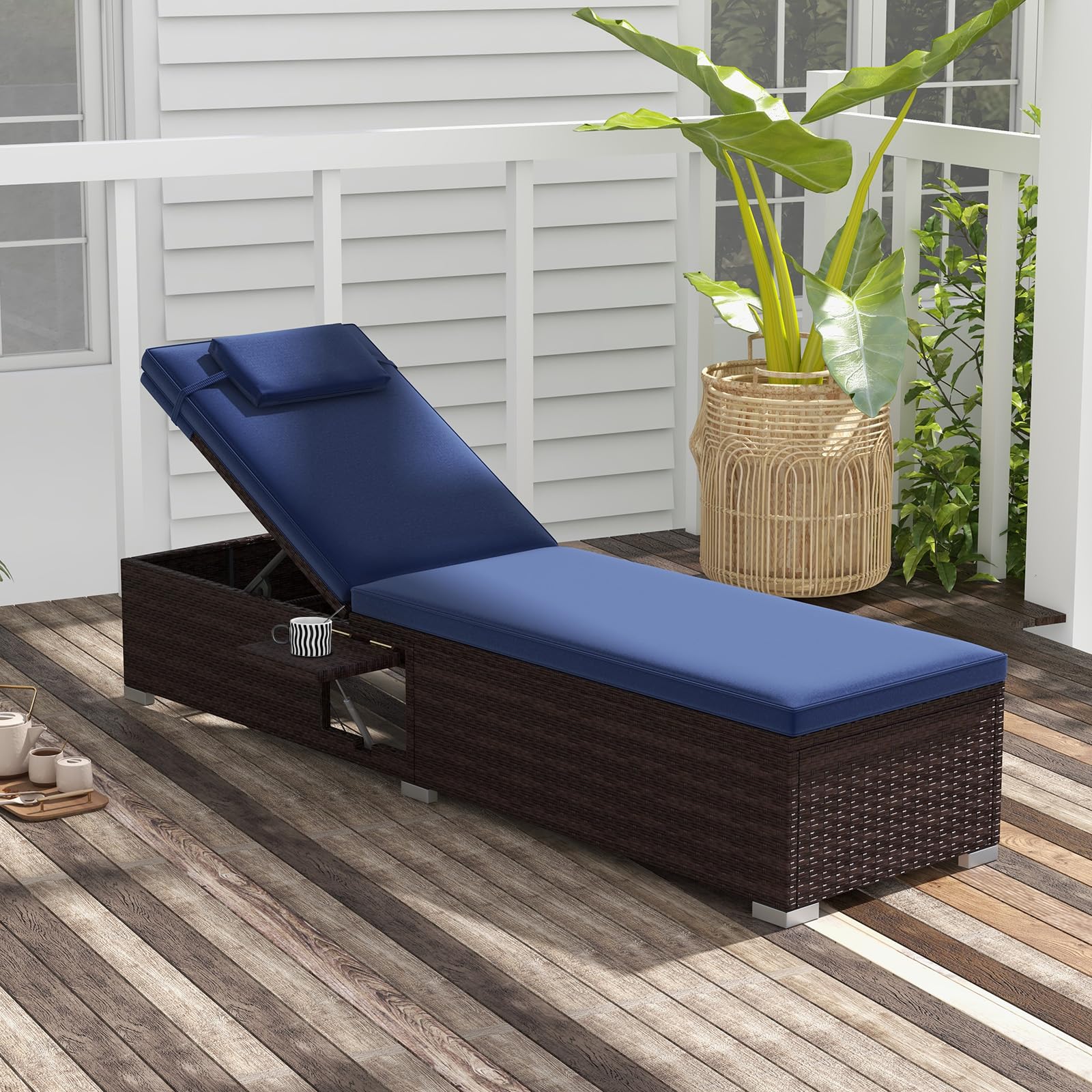 Tangkula Patio Chaise Lounge Set of 2, Outdoor Rattan Lounge Chair with 6-Level Backrest, Comfy Seat Cushion & Headrest, Sturdy Metal Frame, Outside Reclining Chair for Backyard (2, Navy)