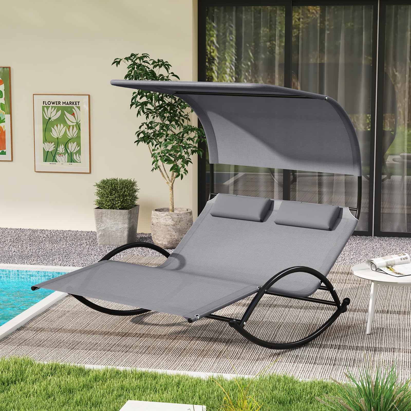 HAPPYGRILL Outdoor Chaise Lounge Rocker, 2-Person Rocking Daybed Sun Lounger with Sun Shade Canopy & Headrest Pillows, Hammock Bed Loveseat with Heavy-Duty Metal Frame for Patio, Backyard, Poolside