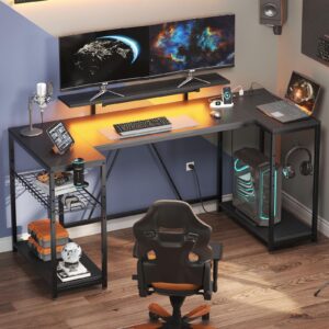 Bestier Gaming Desk with LED Lights & Power Outlets, 63 inch U Shaped Computer Desk with Monitor Stand & Storage Shelves, PC Desk with Cup Holder & Hook for Home Office, Black 3D Carbon Fiber