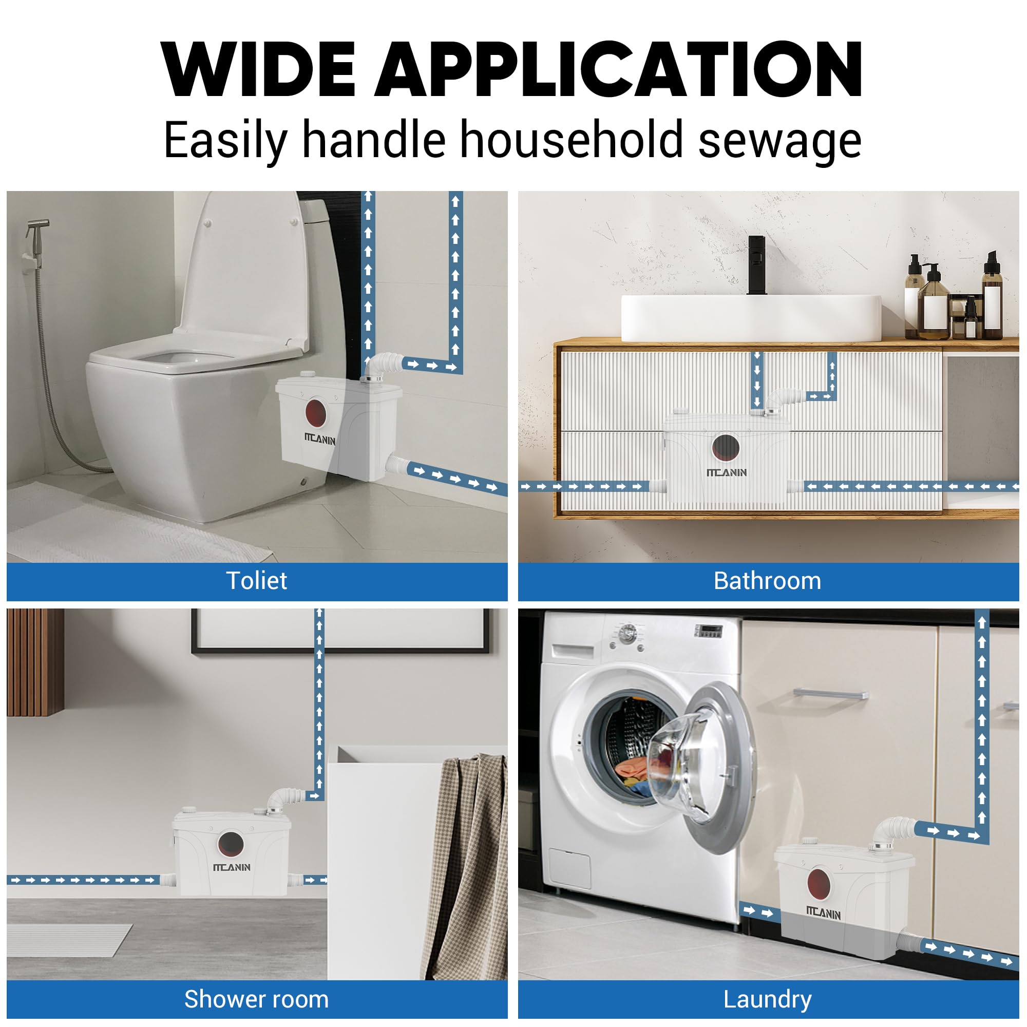 800W Macerator Pump, Macerating Pump for Basement with 4 Water Inlets for Macerator Toilet System