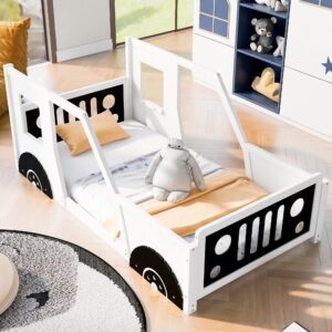 Jigichu Twin Size Classic Car-Shaped Platform Bed with Wheels for Boys Car Bed Frames for Kids 77.4''L*41.7''W*32''H (White, Twin)