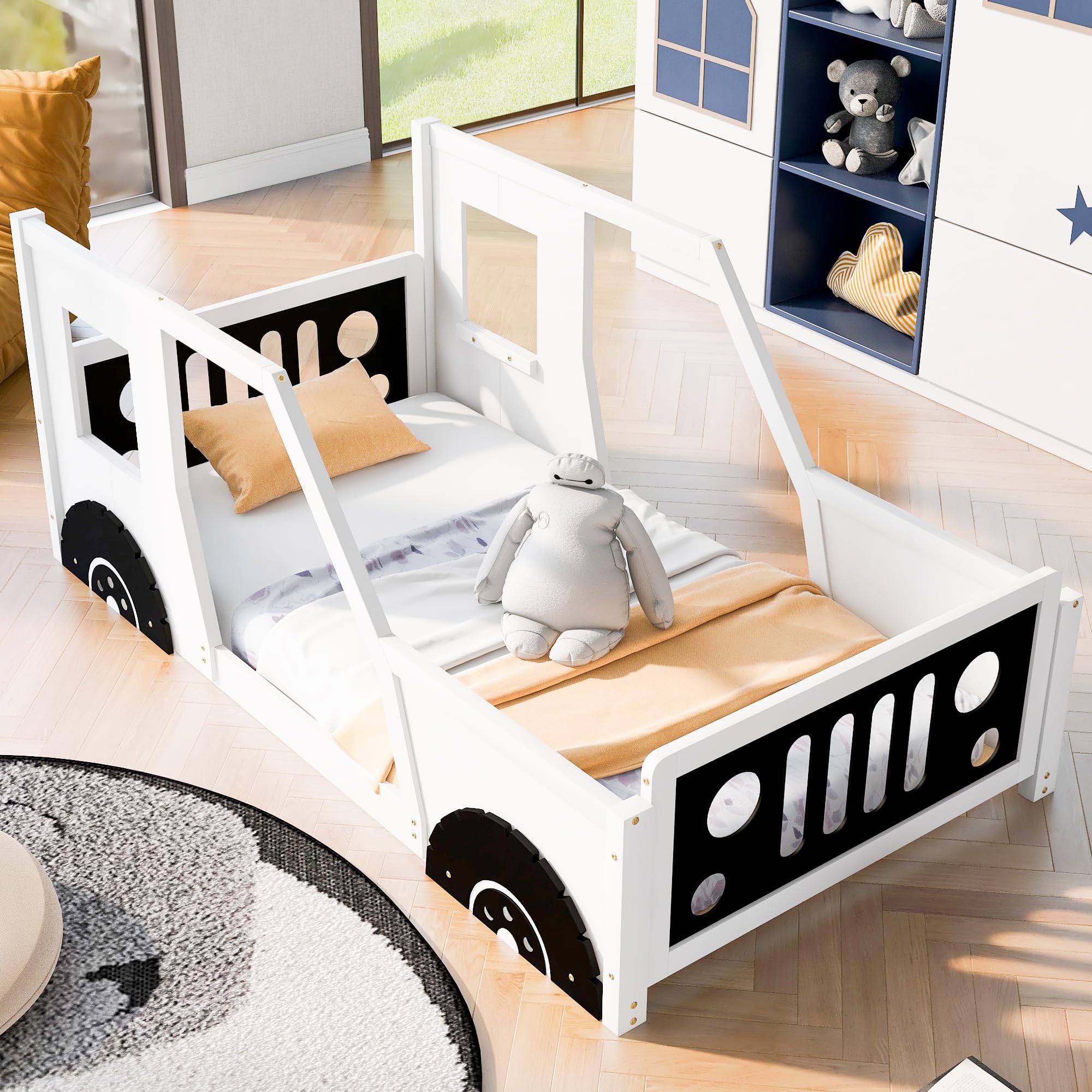 Jigichu Twin Size Classic Car-Shaped Platform Bed with Wheels for Boys Car Bed Frames for Kids 77.4''L*41.7''W*32''H (White, Twin)