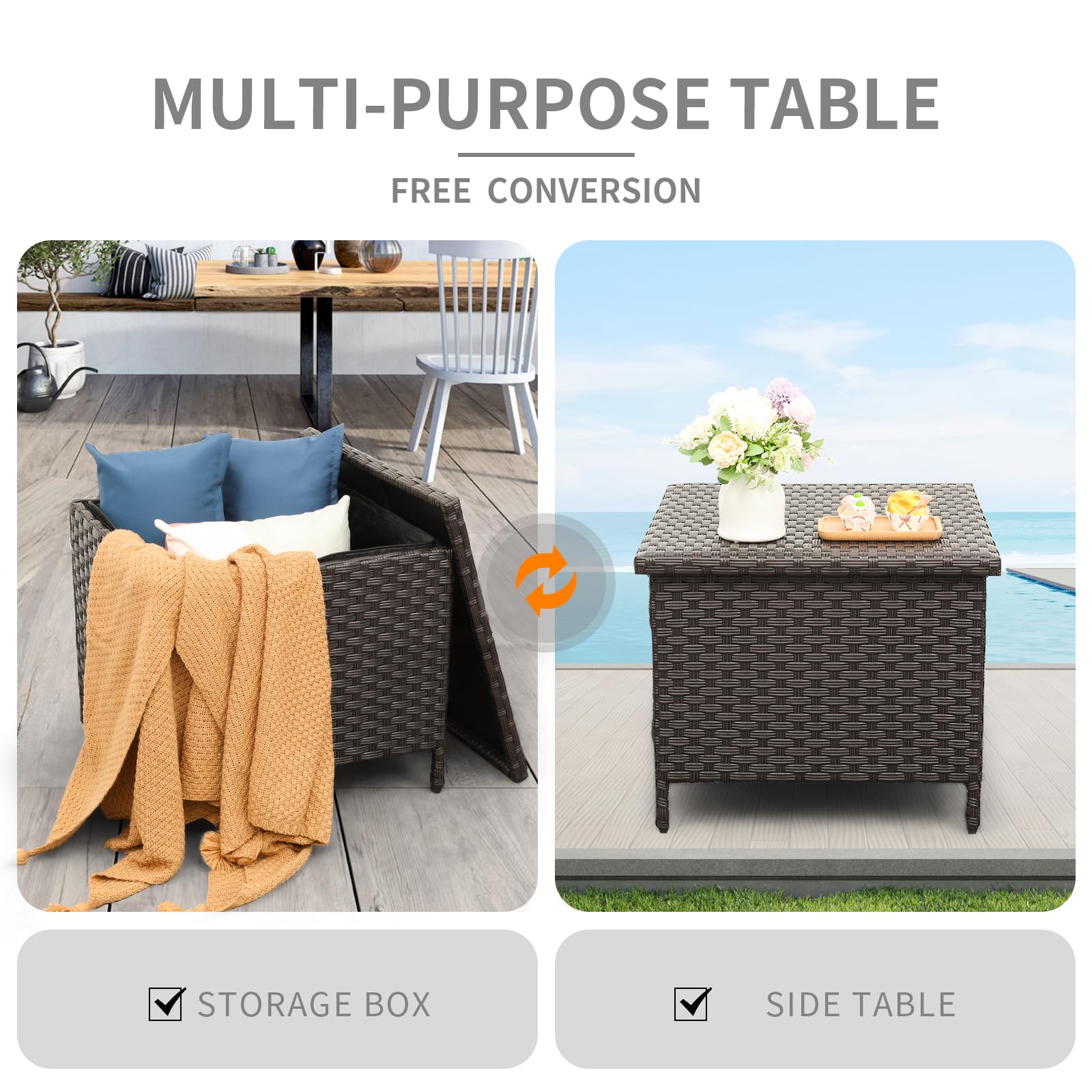 WAROOM Outdoor PE Wicker Side Table with Storage Patio End Table Resin Rattan Storage Table for Garden Backyard Porch Poolside, Brown