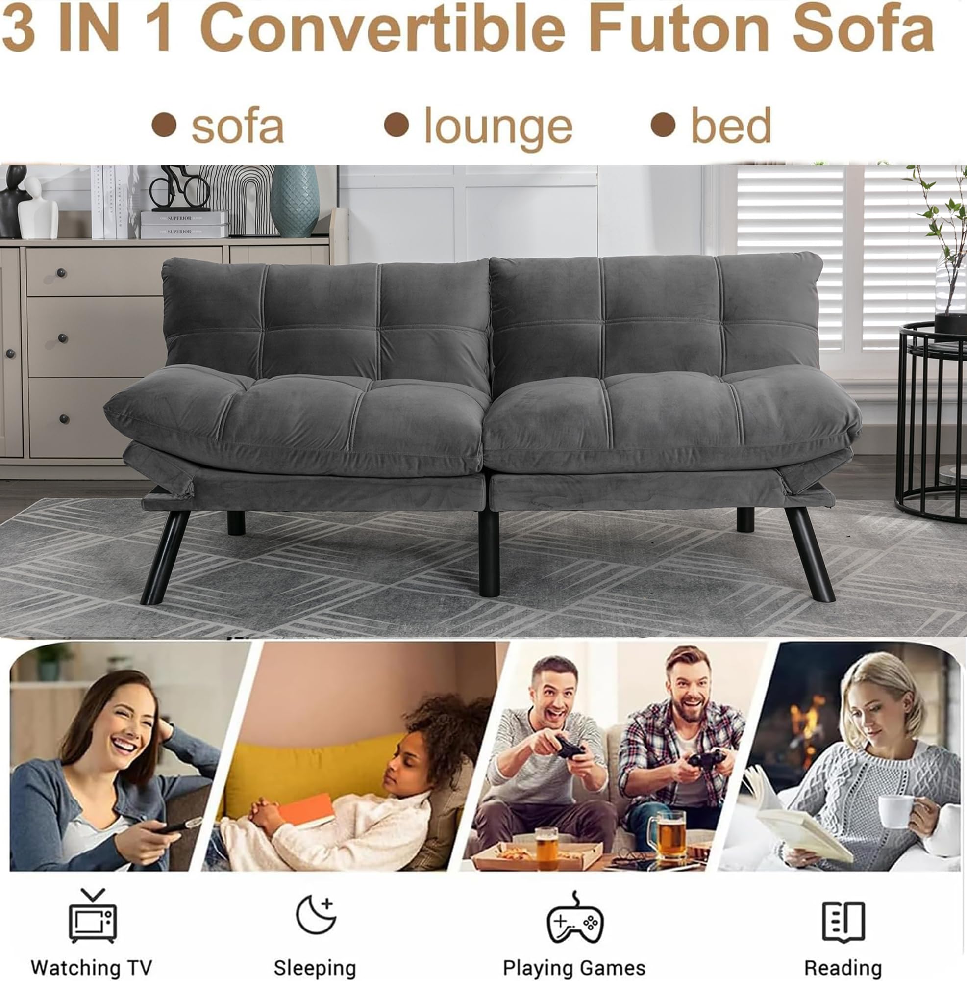 Modern Velvet Futon Couch Bed,Convertible Loveseat Sofa Sleeper with Adjustable Backrests and Folding Armrest for Living Room Bedroom Office Apartment(Light Grey)