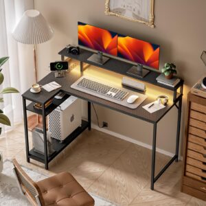 WASAGUN Gaming Desk,40 Inch L Shaped Desk with LED Lights&Power Outlets,Office Desk with Storage Shelves,Small Corner Computer Desk for Bedroom,Carbon Fiber Surface,Black Table