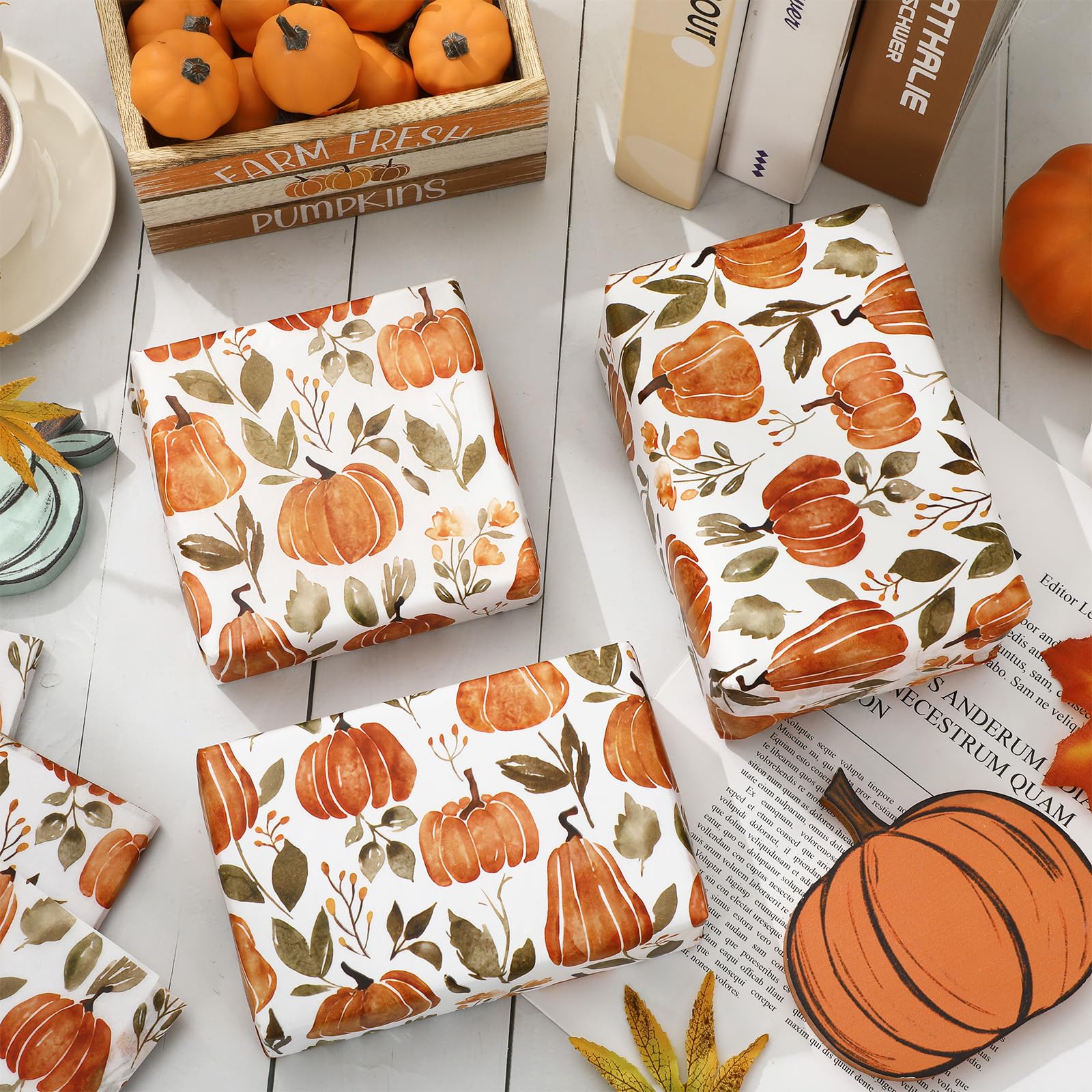 JarThenaAMCS 60 Sheet Fall Tissue Paper Pumpkin Leaves Floral Gift Wrapping Paper Autumn Harvest Decorative Art Paper for Thanksgiving DIY Crafts Birthday Party Supplies, 14 x 20 Inch