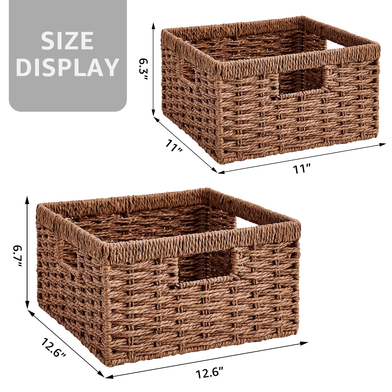 LGENHOOM Wicker Storage Basket with Built-in Handles, Paper Rope Basket for Organizing, Hand Woven Storage Baskets, Set of 2, Large and Small, Brown