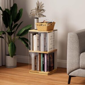 tonchean Rotating Bookshelf, 2-Tier Acrylic Bookcase Clear Floor Standing Display Case Bamboo Book Display Shelf for Classroom Playroom Bedroom Living Room