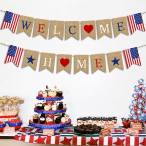 Stcomart Pre-Strung Welcome Home Banner, Burlap Patriotic Welcome Home Decorations for Army Navy Marines Air Force Homecoming Decoration