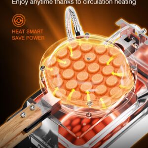 PYY Bubble Waffle Maker - Commercial Egg Puff Waffle Iron Machine, 1500W 122-482℉ Electric Stainless Steel Hong Kong, 30 Egg Cones | 180° Rotating| Black Non-stick Coating | Crumb Tray | Wooden Handle