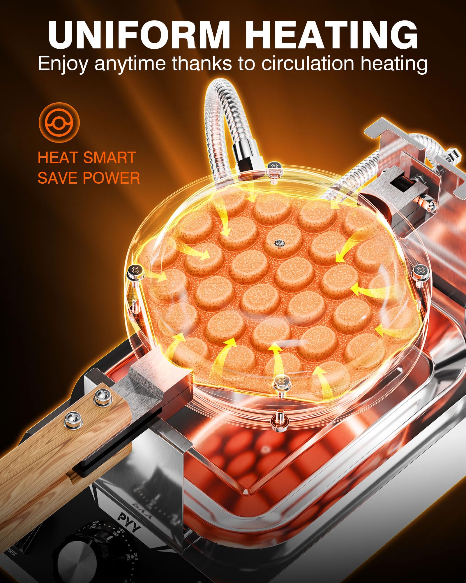 PYY Bubble Waffle Maker - Commercial Egg Puff Waffle Iron Machine, 1500W 122-482℉ Electric Stainless Steel Hong Kong, 30 Egg Cones | 180° Rotating| Black Non-stick Coating | Crumb Tray | Wooden Handle