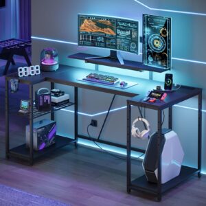 bestier gaming desk with led lights & power outlets, 63 inch u shaped computer desk with monitor stand & storage shelves, pc desk with cup holder & hook for home office, black 3d carbon fiber