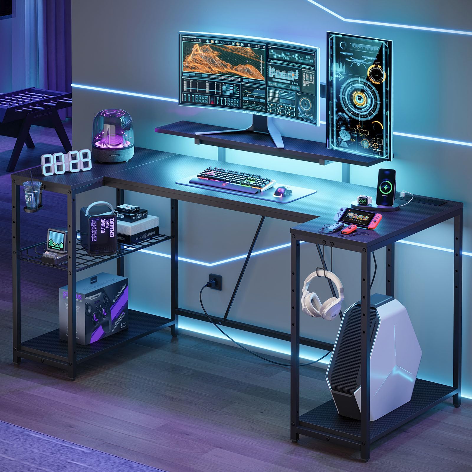 Bestier Gaming Desk with LED Lights & Power Outlets, 63 inch U Shaped Computer Desk with Monitor Stand & Storage Shelves, PC Desk with Cup Holder & Hook for Home Office, Black 3D Carbon Fiber