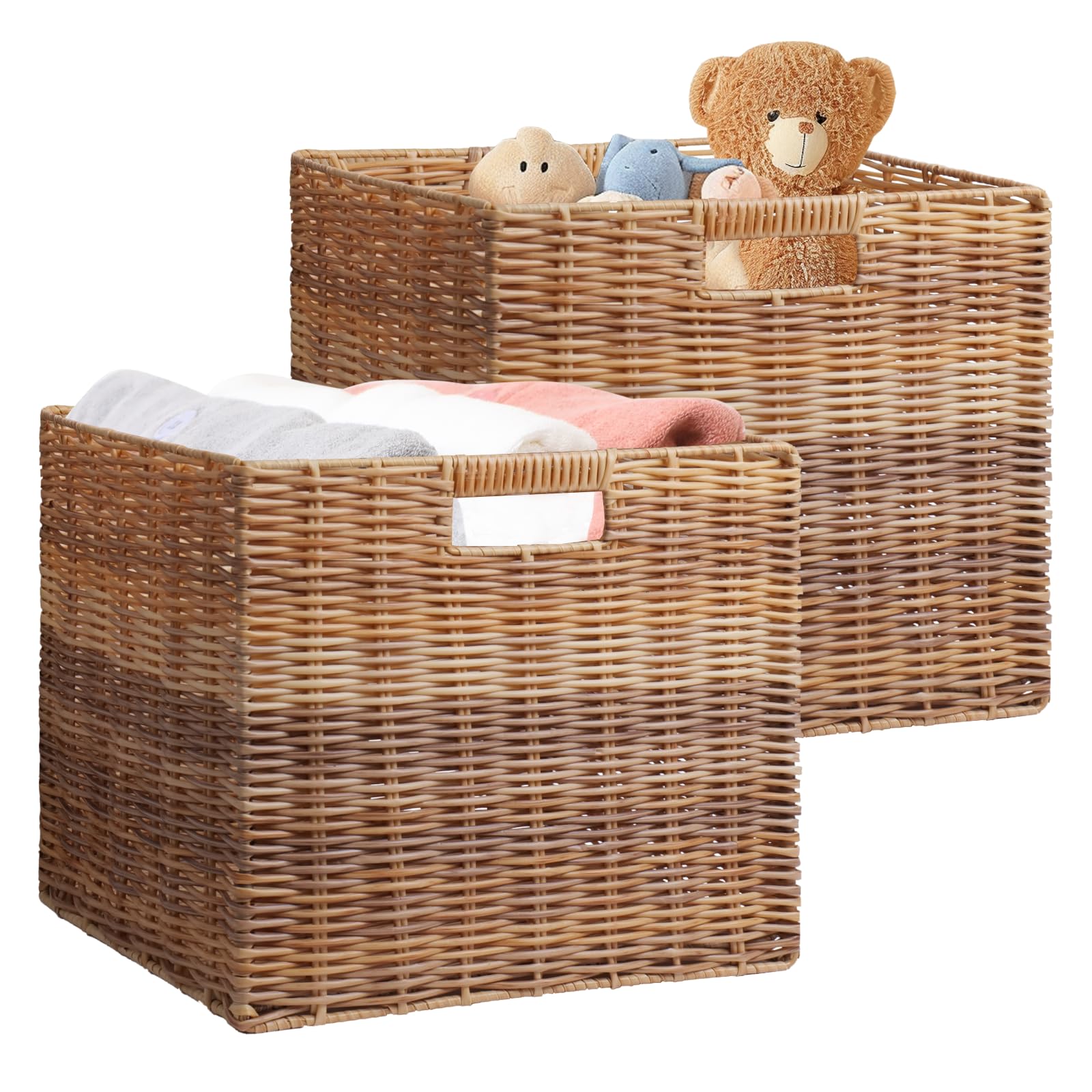 Wicker Storage Baskets 2-Pack, 12.6in Cube Storage Bins, large Woven Baskets for Shelves, Waterproof Wicker Baskets Foldable Organizer for Laundry Room, Bedroom, Living Room, Nursery Room, Set of 2