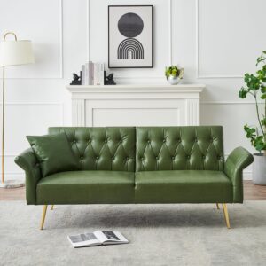 modern pu leather futon sofa bed ,convertible upholstered couch bed loveseat sleeper, folding small couches loveseat, reclining sofa, foldable roll arms with pillow for small spaces (green pu)