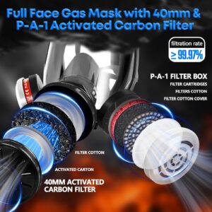 UXLXLK Full Face Gas Mask: Gas Masks Survival Nuclear and Chemical with 40mm & P-A-1 Activated Carbon Filter Full Face Respirator Mask Used for Dust Spray Machining Soldering Polishing Welding