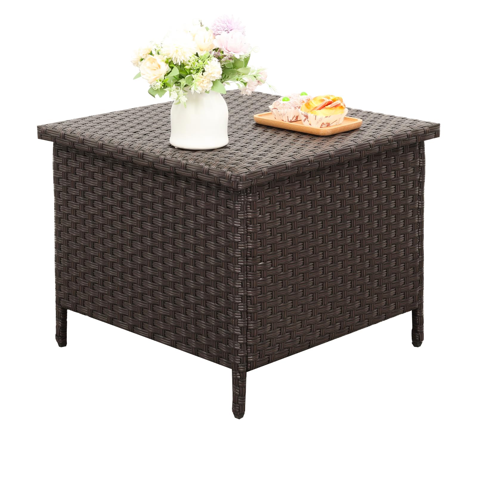 WAROOM Outdoor PE Wicker Side Table with Storage Patio End Table Resin Rattan Storage Table for Garden Backyard Porch Poolside, Brown